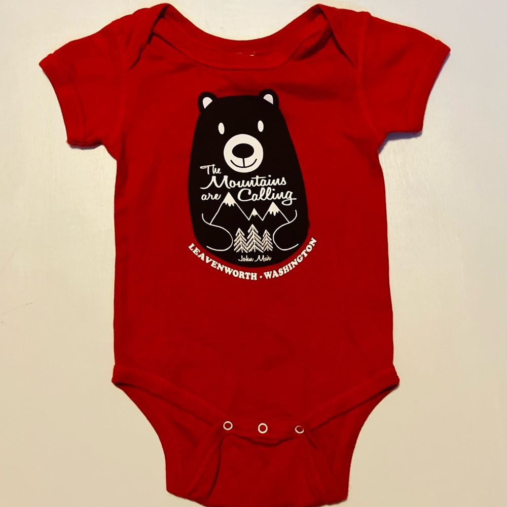 Rabbit Skins Bodysuit with “The Mountains are Calling”, Red - Size 12 mo (VGUC)